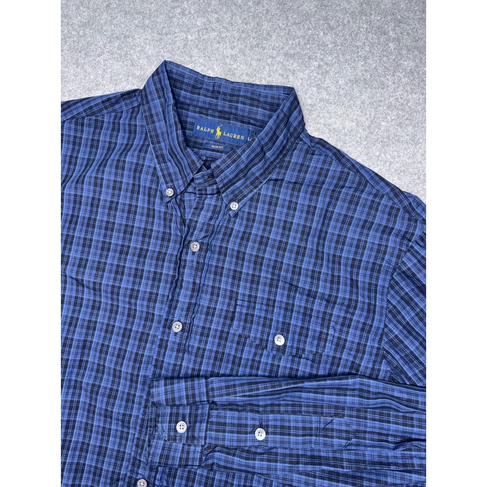 Ralph Lauren Slim Fit Button Down Shirt Mens Large Blue Plaid Cotton Long Sleeve